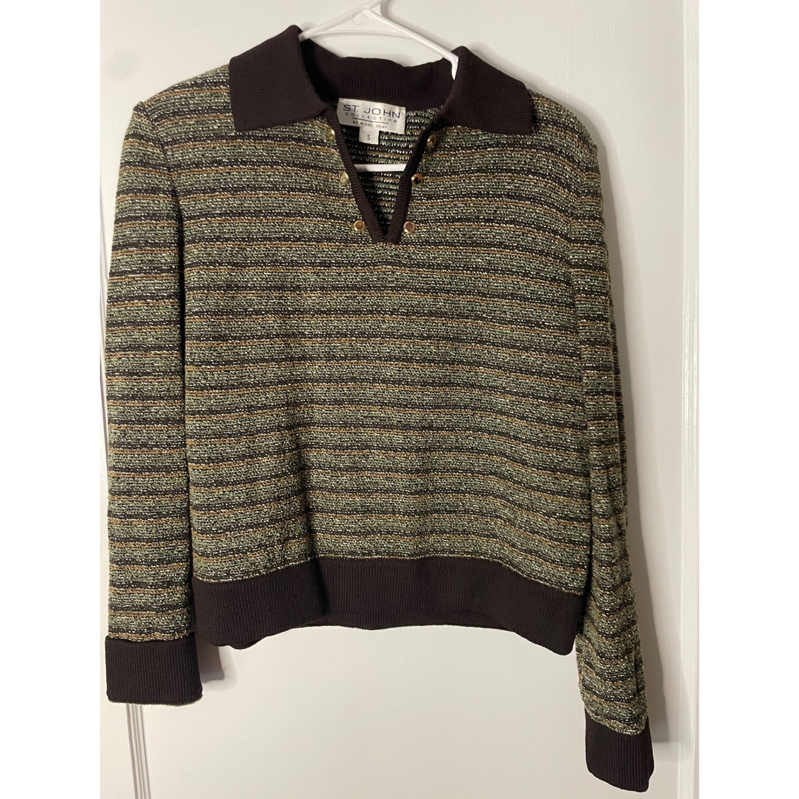 St. John Collection Knit Sweater Top Brown Green Gold Career Women's Sz S
